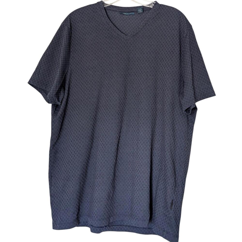 Perry Ellis Shirt Mens XL Navy Blue V Neck Short Sleeve Textured‎ Checkered